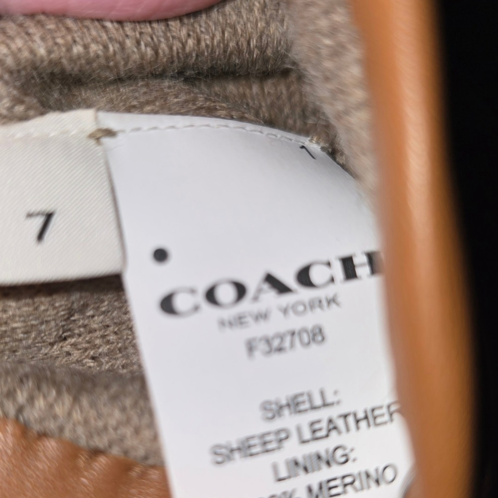 COACH Leather Gloves Size 7 F32708 100% Merino Wool Lined Brown Bow Detail - Picture 6 of 6